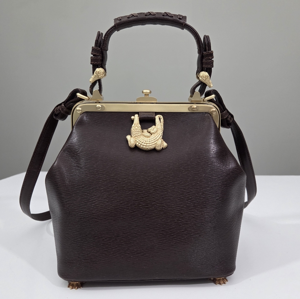BARRY KIESELSTEIN CORD BROWN LEATHER TROPHY SATCHEL BAG ALLIGATOR FEET